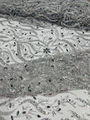 Floral & Leaf Pattern Bead Fabric - Silver - Embroidered Beaded Rhinestone on a Mesh, Sold By Yard