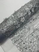 Flower 3D Glitter Fabric - Silver - Embroidered Floral Sequins Design Fabric by Yard