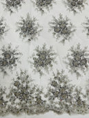 Floral Beaded Gaviota Fabric - Silver - Beaded Floral Design Embroidered On Mesh Sold By Yard