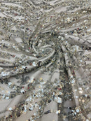 Wavy Floral Beaded Fabric - Silver - Geometric Beaded Sequins Embroidered Fabric Sold By Yard