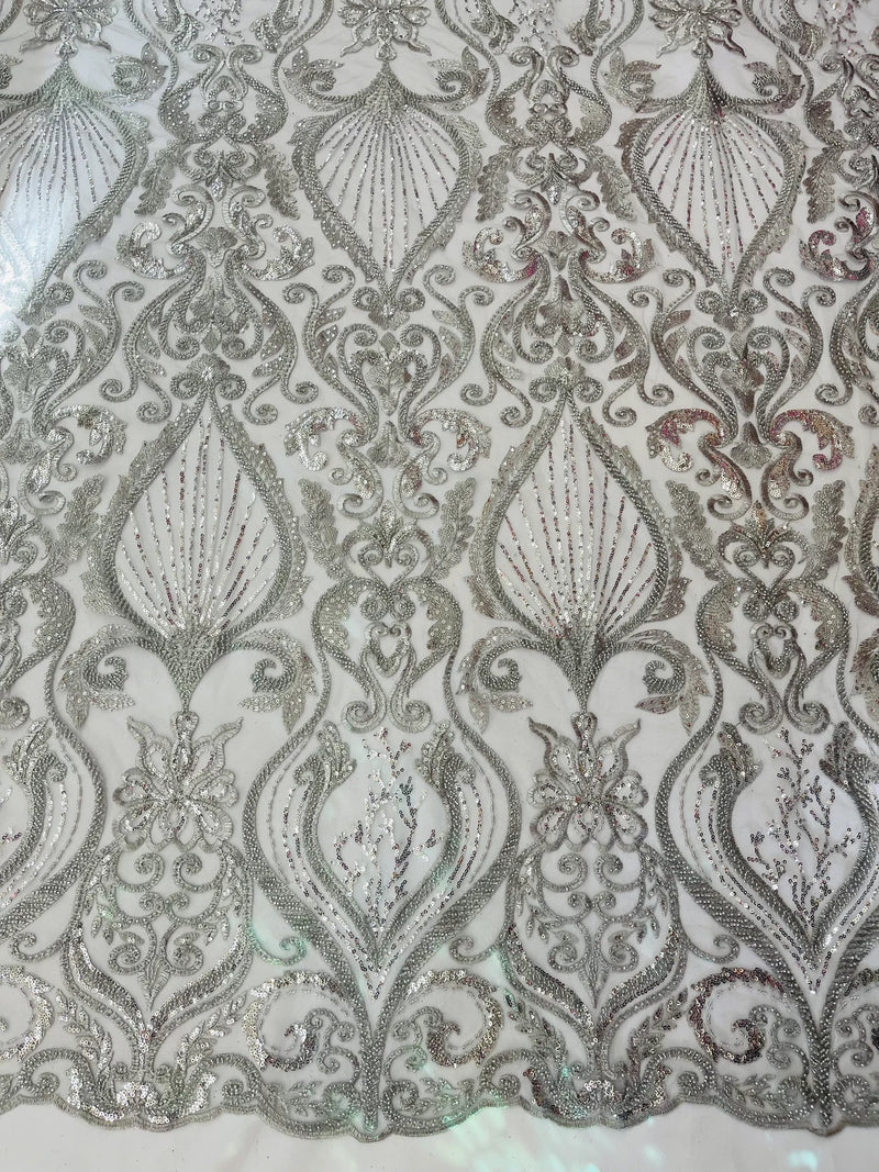 Leaf Damask Bead Fabric - Silver - Embroidered Sequins Heavy Beaded Lace Fabric by Yard