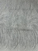 Glitter Lines on Tulle Lace Fabric - Silver - Tulle Glitter Mesh Line Design Fabric Sold By Yard