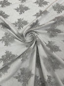 Floral Damask Corded Fabric - Silver Metallic - Embroidered Floral Design with Damask Border By Yard