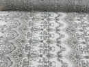 Damask Beaded Glam Fabric -Silver - Embroidery Beaded Fabric with Round Beads Sold By The Yard
