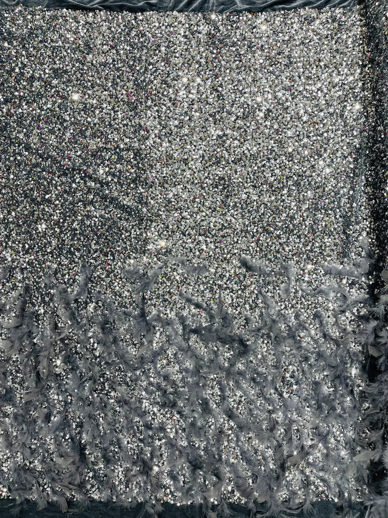 Feather Sequin Velvet Fabric - Silver - 5mm Sequins Velvet 2 Way Stretch 58/60" Fabric By Yard