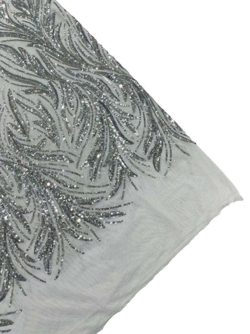 Leaf Stretch Sequins Fabric - Silver - 4 Way Stretch Sequins on Lace Mesh Fabric by Yard