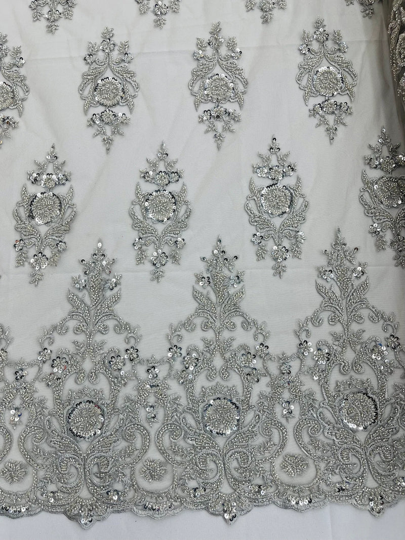 Embroidered Bead Fabric - Silver - Floral Damask Bead Bridal Lace Fabric by the yard