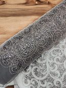 Swirl Design Bead Fabric - Silver - Beaded Swirl Design with Sequins on Mesh Lace by Yard