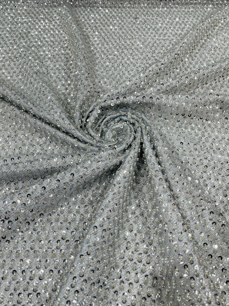 Glitter Tulle Bead Fabrics - Silver - 60" Wide Shiny Glitter Mesh Fabric Sold By The Yard