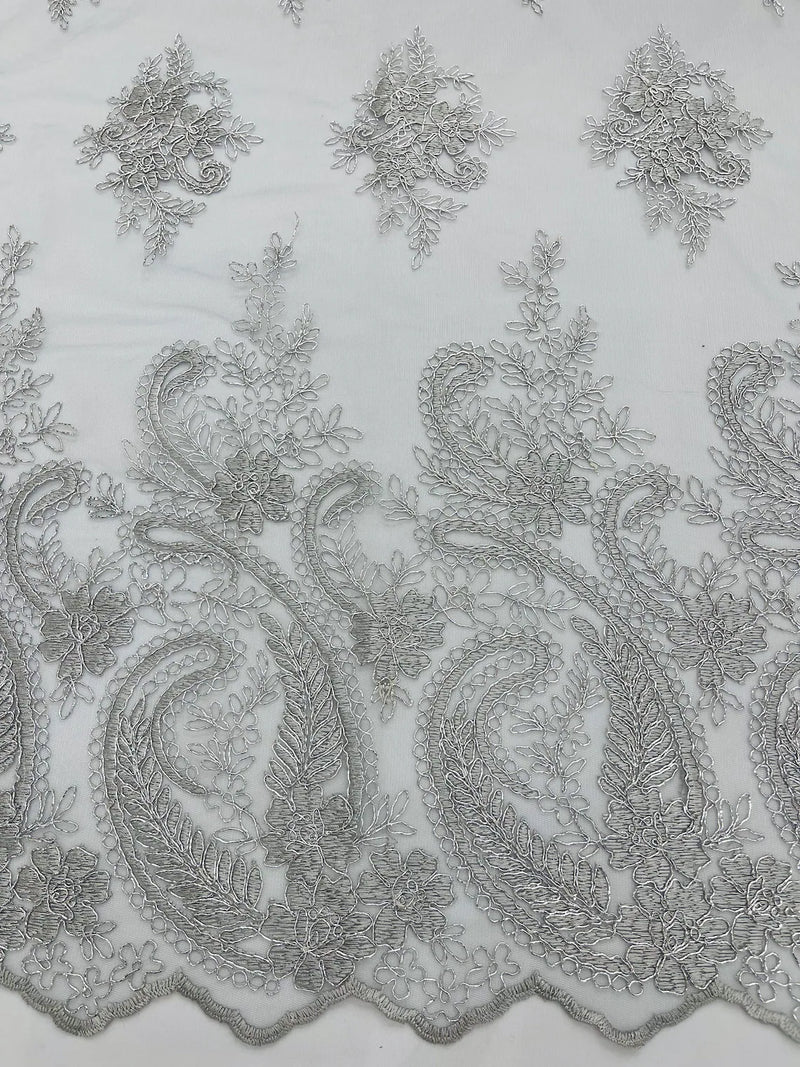 Metallic Paisley Floral Lace - Silver - Corded Floral Lace with Metallic Thread on Mesh By Yard