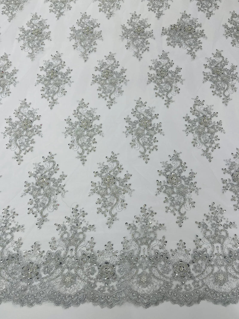 Isabela Design - Silver - Embroidery Beaded Fabric With Sequin on a Mesh Fabric by the yard