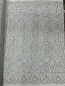 Mermaid Design Glitter Fabric - Silver - Glitter Lace Mesh Design Dress Fabric  By Yard