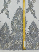 Beaded Floral Fabric - Silver - Luxury Bridal Floral Pattern Fabric With Beads, Sequins Sold By Yard