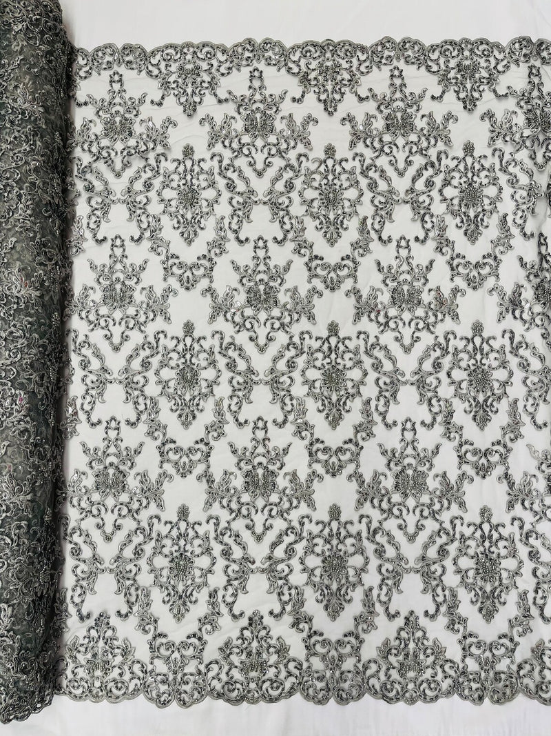 Beaded Butterfly Pattern Fabric - Silver - Damask Fancy Bead Sequins Fabric Sold by Yard