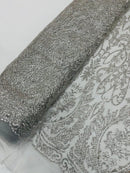 Beautiful Damask Design Glitter Fabric - Silver - Glitter Design on Lace Mesh Dress Fabric By Yard