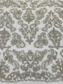 My Lady Beaded Fabric - Silver - Damask Beaded Sequins Embroidered Fabric By Yard