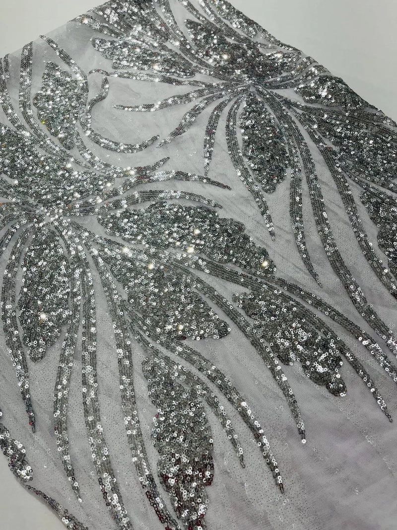 Wavy Leaf Design Fabric - Silver - 4 Way Stretch Sequins Lace Mesh Leaf Design Fabric by Yard