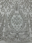 Beautiful Damask Design Glitter Fabric - Silver - Glitter Design on Lace Mesh Dress Fabric By Yard