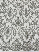 Beaded Butterfly Pattern Fabric - Silver - Damask Fancy Bead Sequins Fabric Sold by Yard
