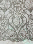 Leaf Damask Bead Fabric - Silver - Embroidered Sequins Heavy Beaded Lace Fabric by Yard