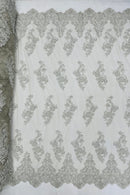 Floral Cluster Beaded Fabric - Silver