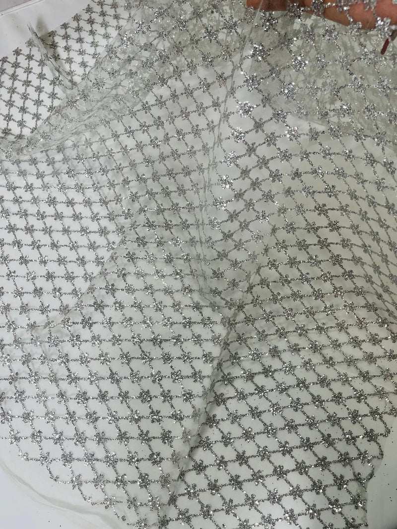 Diamond Design Glitter Fabric - Silver - Triangle Shiny Glitter Mesh with Flower Decor by Yard