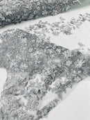 3D Floral Design - Silver - Flowers Embroidered and Beaded With Pearls On a Mesh Lace