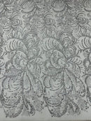 Palm Leaf Design Glitter Fabric - Silver - Tulle Glitter Mesh Line Design Fabric Sold By Yard