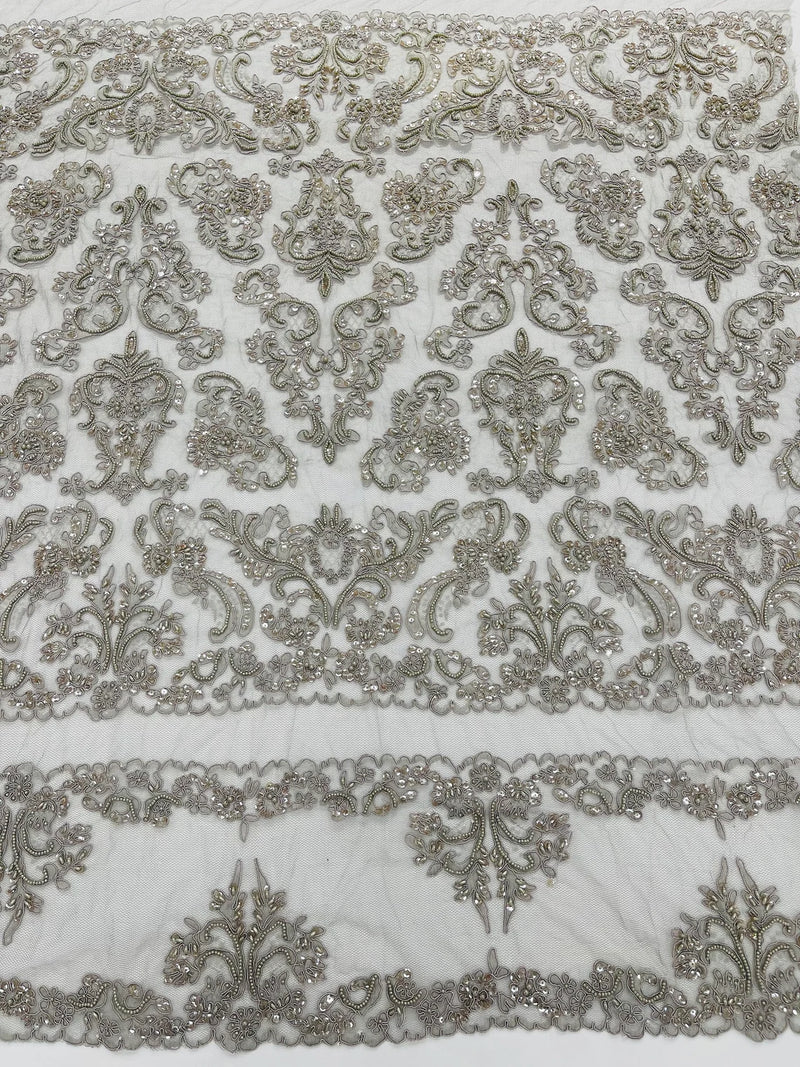 My Lady Beaded Fabric - Silver - Damask Beaded Sequins Embroidered Fabric By Yard