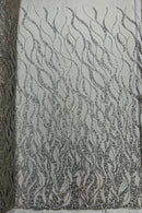 Flaming Fire Design Bead Fabric - Silver - Beaded Embroidered Fabric By Yard