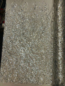 Wavy Floral Beaded Fabric - Silver - Geometric Beaded Sequins Embroidered Fabric Sold By Yard