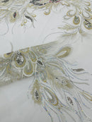 Peacock Feathers Design Lace - Silver - Embroidered Multi-Color Peacock Lace Fabric Sold by Panel