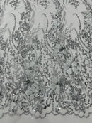 Flower 3D Glitter Fabric - Silver - Embroidered Floral Sequins Design Fabric by Yard