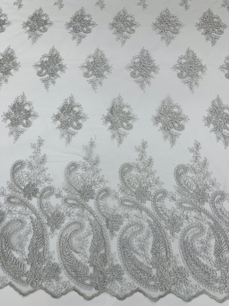 Metallic Paisley Floral Lace - Silver - Corded Floral Lace with Metallic Thread on Mesh By Yard