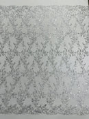 Silver Metallic Thread Leaf Design Embroidered With Sequins on a Mesh Lace Fabric by the Yard