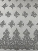 Floral Damask Corded Fabric - Silver Metallic - Embroidered Floral Design with Damask Border By Yard