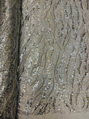 Wavy Leaf Lines Fabric - Silver - Beaded Sequins Leaf Pattern Embroidered On Mesh By Yard