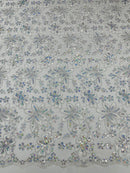 Metallic Floral Lace Fabric - Silver - Hologram Sequins Floral Metallic Thread Fabric by Yard