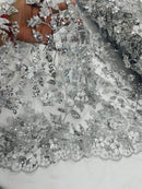 3D Glitter Floral Fabric - Silver - Glitter Sequin Flower Design on Lace Mesh Fabric by Yard