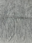 Glitter Lines on Tulle Lace Fabric - Silver - Tulle Glitter Mesh Line Design Fabric Sold By Yard
