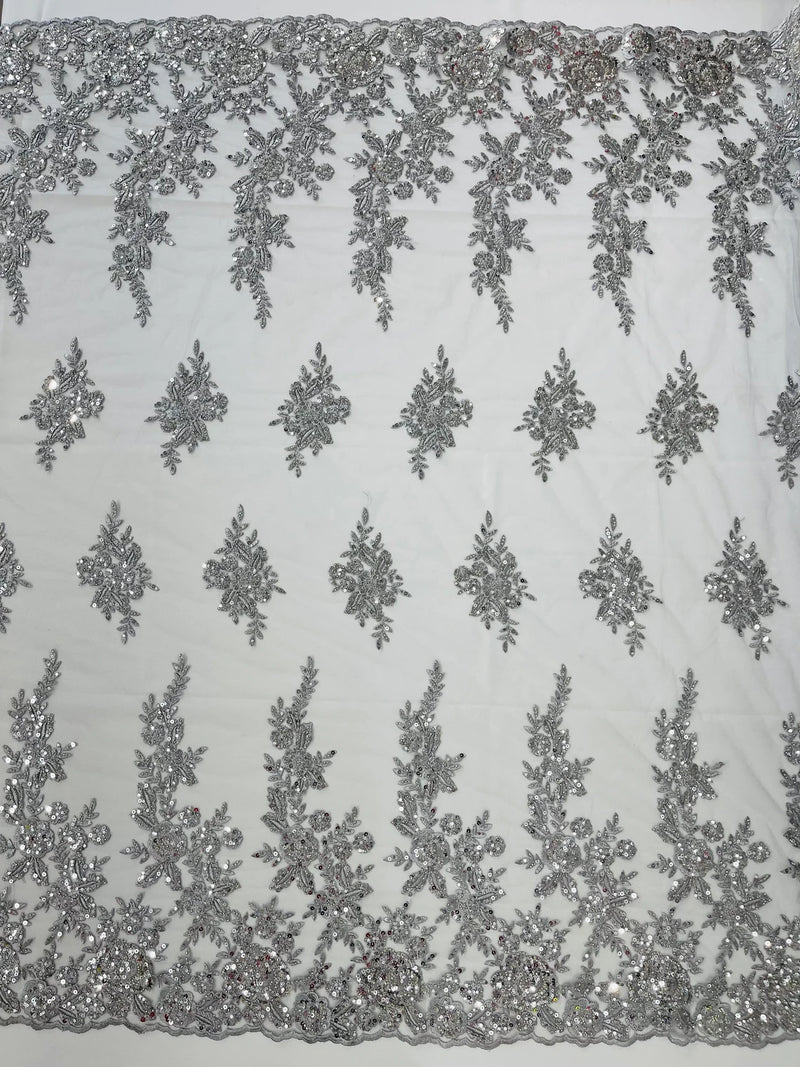 Rose Beaded Sequin Fabric - Silver - Embroidered Floral Pattern with Beads and Sequins By Yard