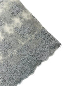 Damask Flower Lace Fabric - Silver - Damask Flowers Embroidered on Lace Fabric By Yard
