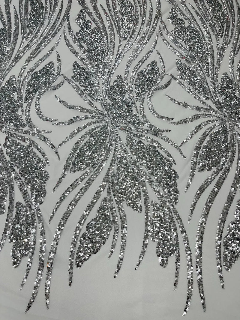 Wavy Leaf Design Fabric - Silver - 4 Way Stretch Sequins Lace Mesh Leaf Design Fabric by Yard