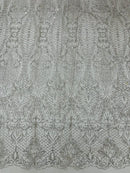 Mermaid Design Glitter Fabric - Silver - Glitter Lace Mesh Design Dress Fabric  By Yard