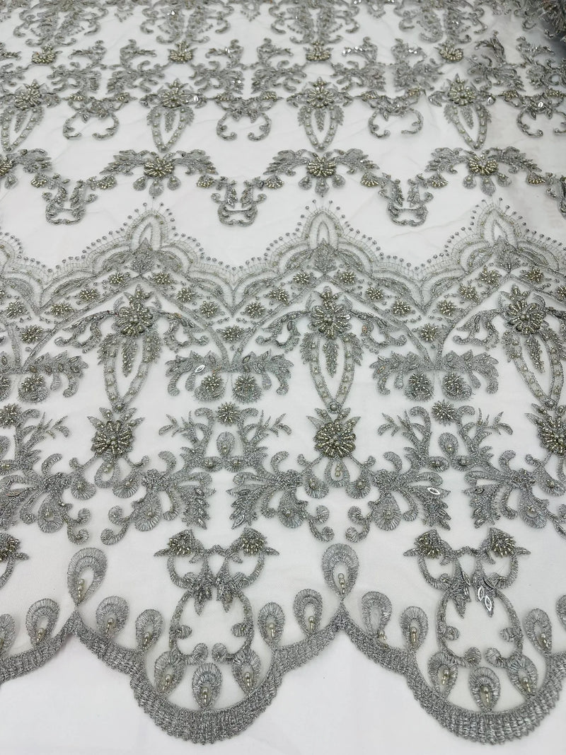 Damask Beaded Glam Fabric -Silver - Embroidery Beaded Fabric with Round Beads Sold By The Yard