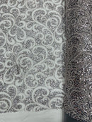 Swirl Design Bead Fabric - Silver - Beaded Swirl Design with Sequins on Mesh Lace by Yard