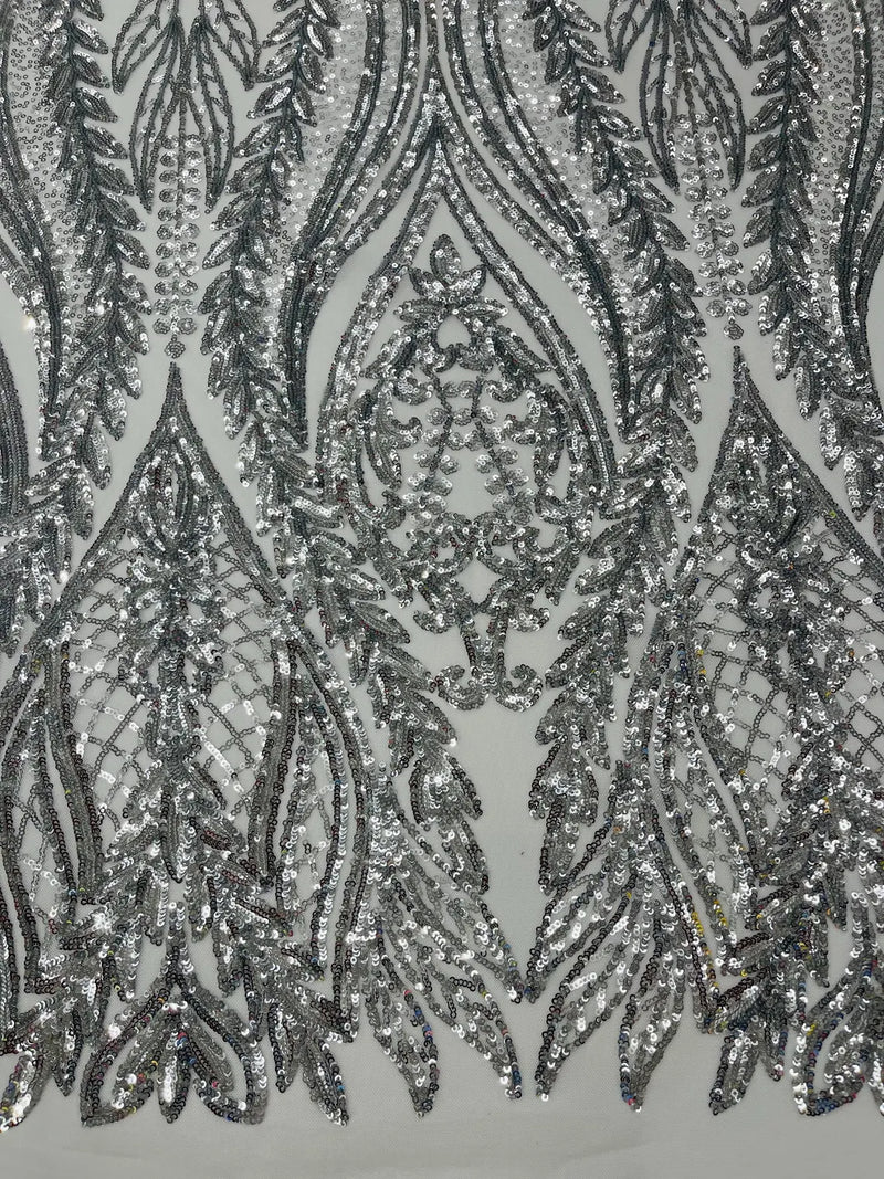 Mermaid Design Fabric - Silver - 4 Way Stretch Sequins Fabric on Lace Mesh Sold By Yard