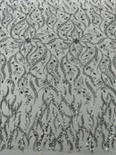 Sample Floral & Leaf Pattern Bead Fabric - Silver - Embroidered Beaded Rhinestone on a Mesh