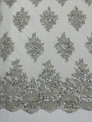 Heavy Bridal Lace Fabric - Silver - Floral Beaded Heavy Lace Fabric Sold by Yard