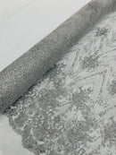 Glitter Damask Geometric Fabric - Silver - Geometric Damask Design Lace Mesh Fabric By Yard
